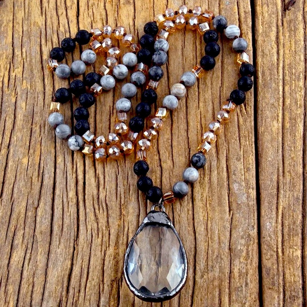 NWOT Bohemian style beaded necklace with crystal glass pendant